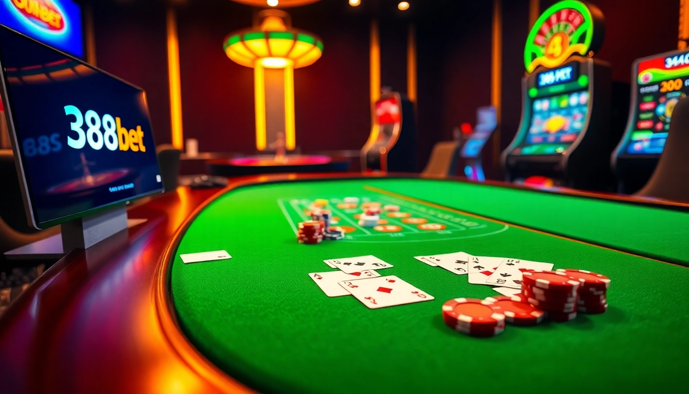 Engaging scene of online gambling showcasing 388bet logo with poker chips and roulette wheel.