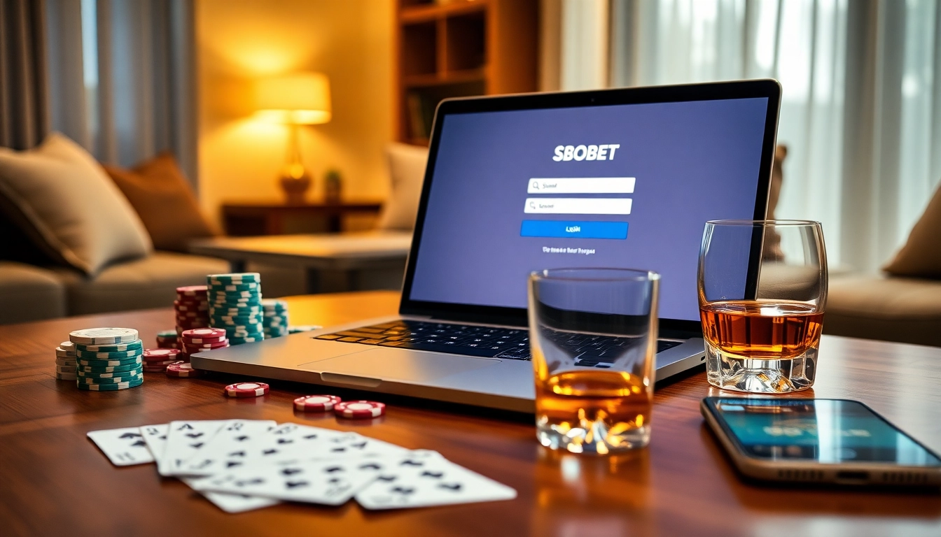Engaging sbobet login interface on a luxurious gambling table with cards and chips.