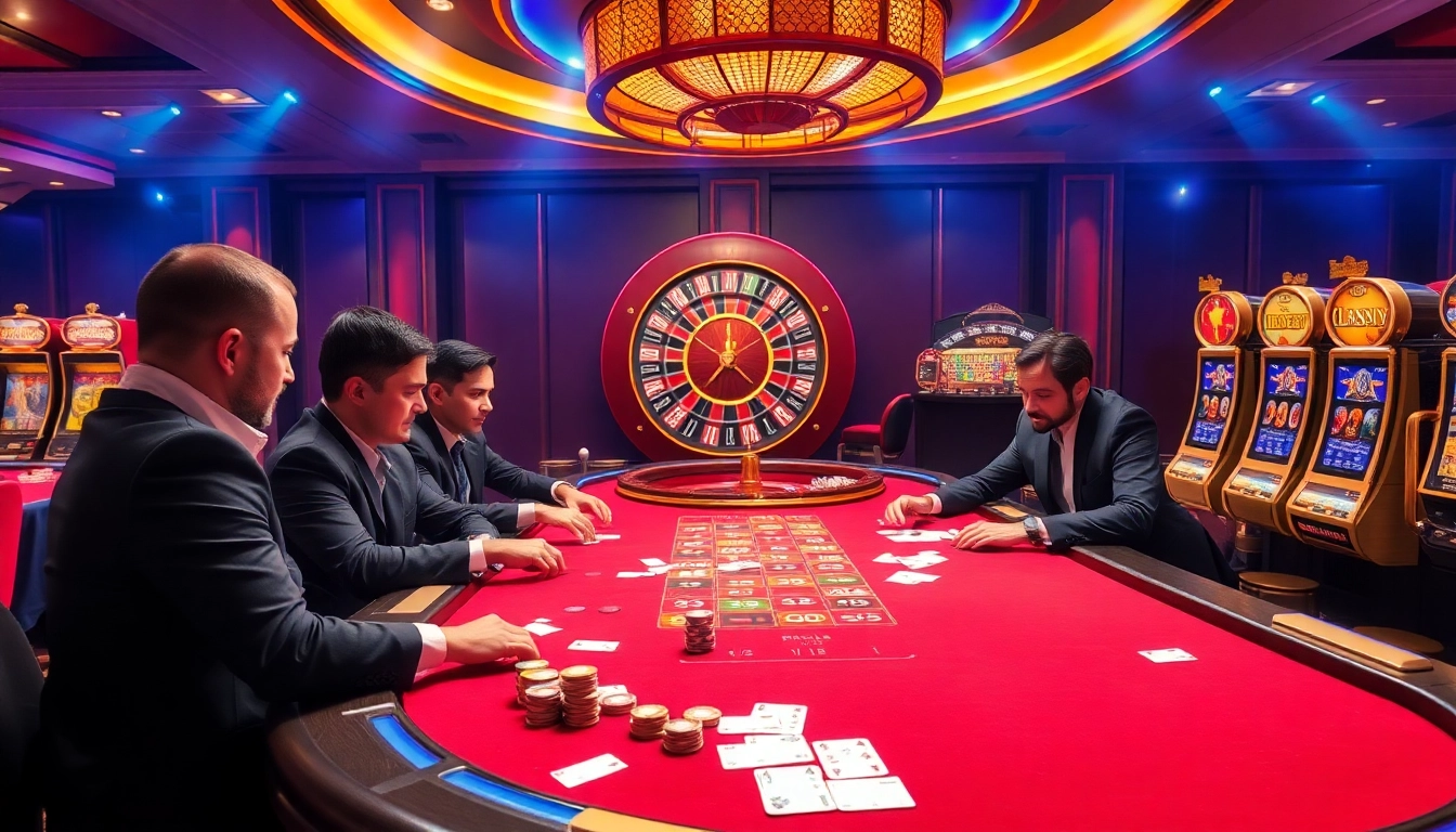 Thabet casino scene featuring professional players at a poker table with vibrant chips and cards.