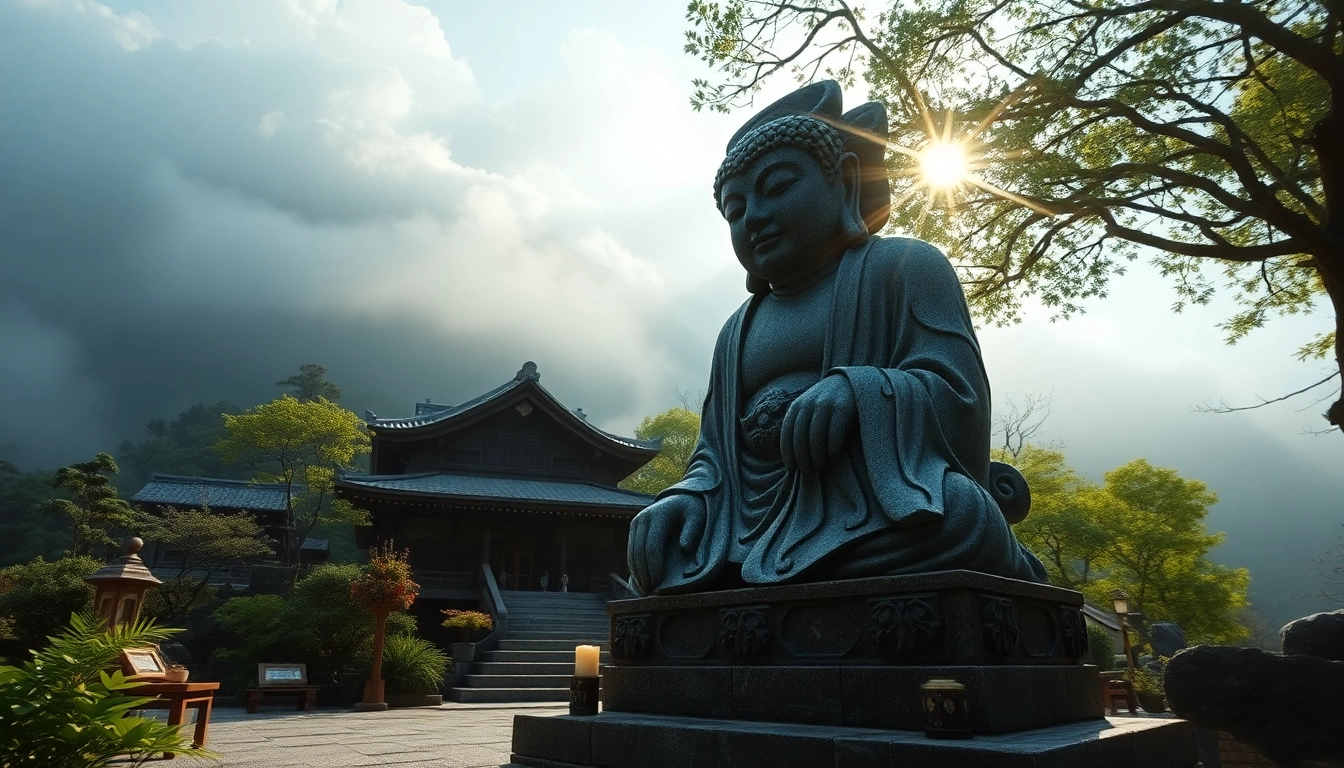 静かな日本の寺院にある即身仏（Sokushinbutsu）の像。自然と供物に囲まれ、安らぎを放つ。