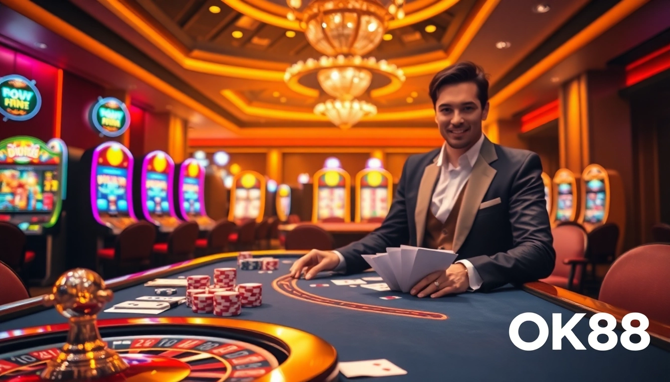Experience the excitement of OK88 with a vibrant casino scene featuring tables, chips, and roulette.