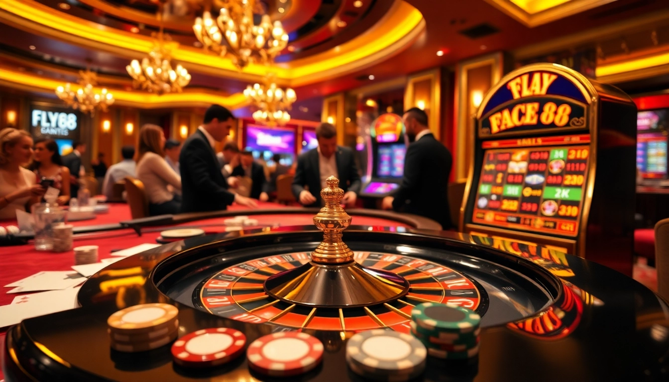 Experience the excitement of FLY 88 as players thrill at the roulette table surrounded by elegant decor.
