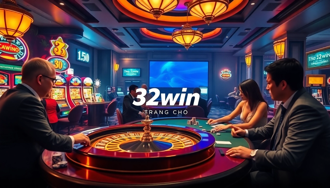 Engage in thrilling gameplay at 32win trang chủ, showcasing exciting poker and roulette tables with vibrant slot machines.