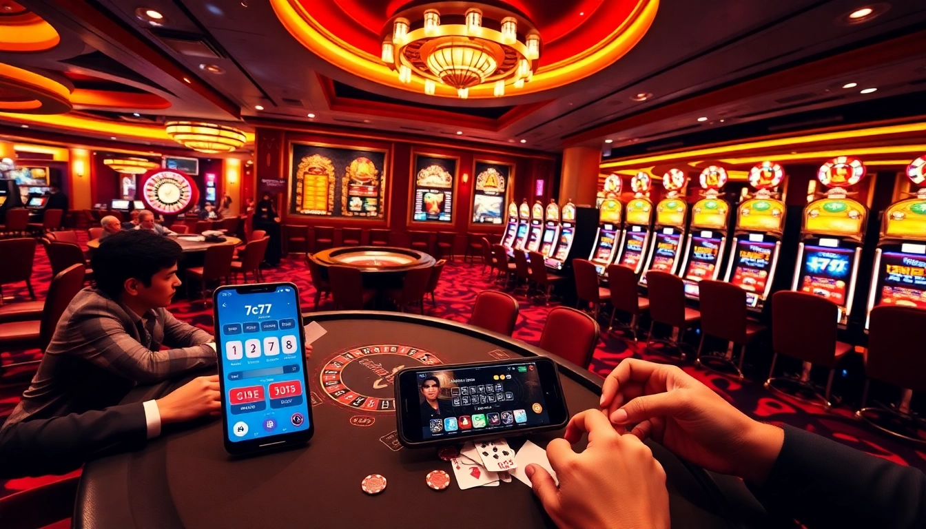 Experience the thrill of the 7c77 app at a luxurious casino with vibrant slot machines and intense poker games.