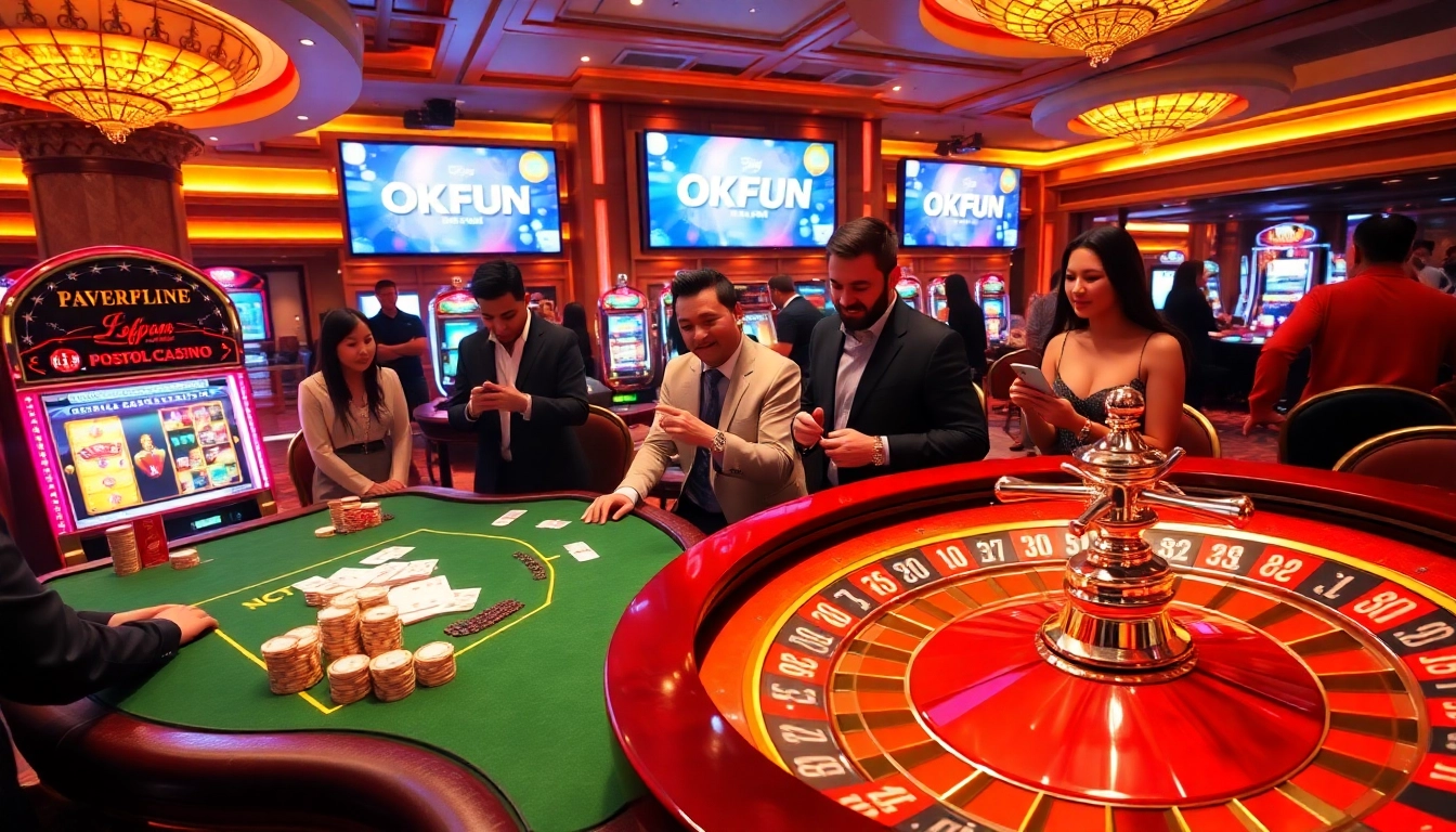 Exciting casino scene with players engaging in games at OKFUN, capturing the thrill of online gambling.
