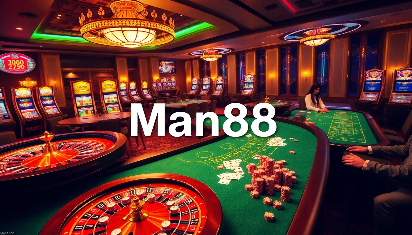 Experience thrilling gameplay at Man88 with vibrant casino tables and poker chips.