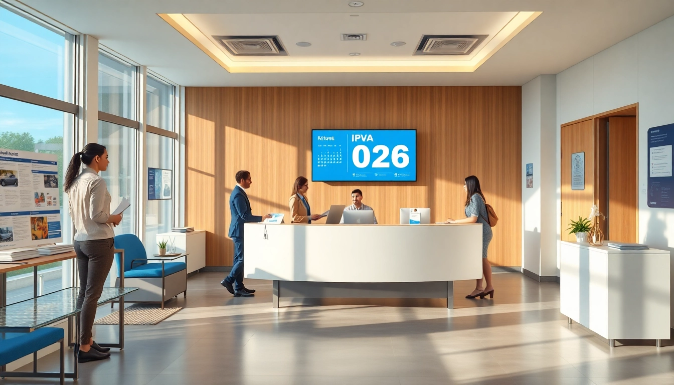 Modern government office interior showcasing detran go services with IPVA GO 2026 calendar on display.