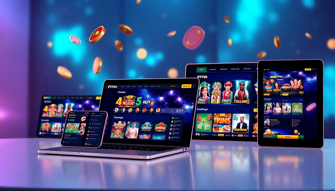 FFWIN online gambling platform interface showcasing slots, poker, and sports betting excitement.