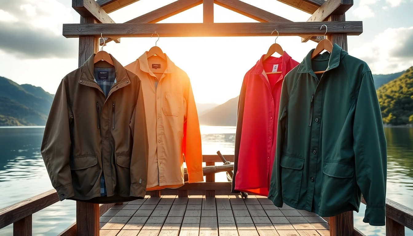 Showcasing stylish Fly fishing apparel on a dock, embodying adventure and nature.