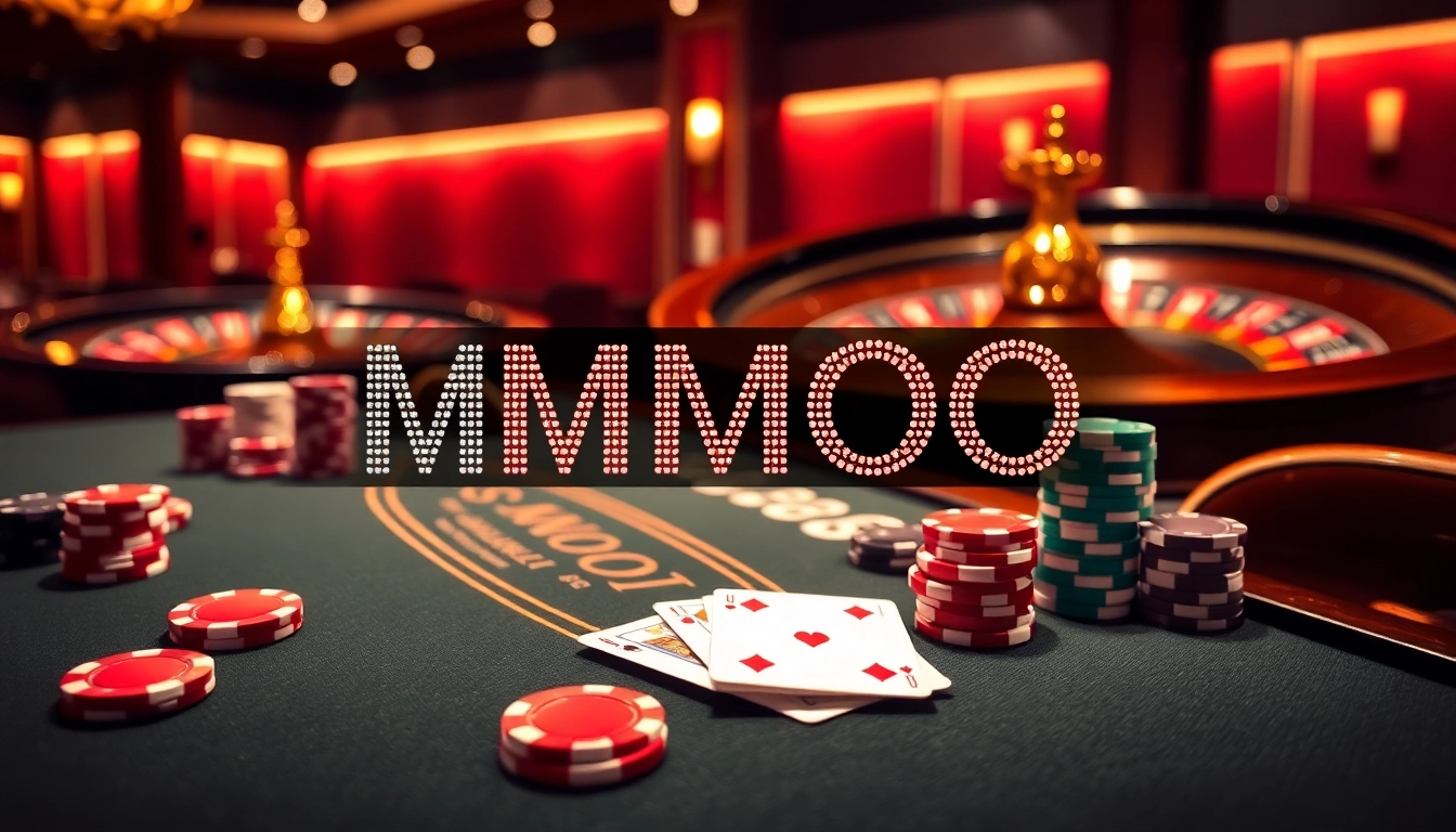 Experience the thrill of the MMOO casino with luxurious poker tables and vibrant gaming elements.
