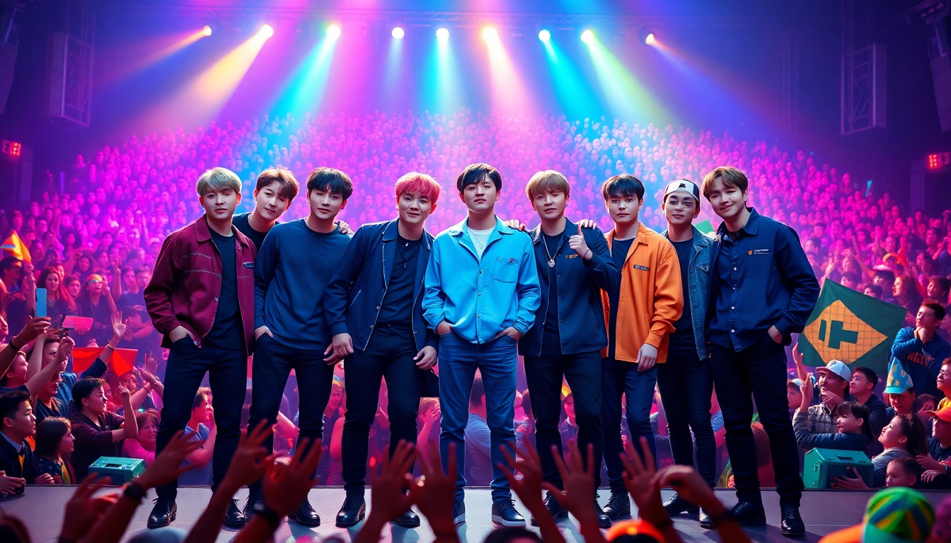 BTS members performing energetically live in concert, captivating the audience.