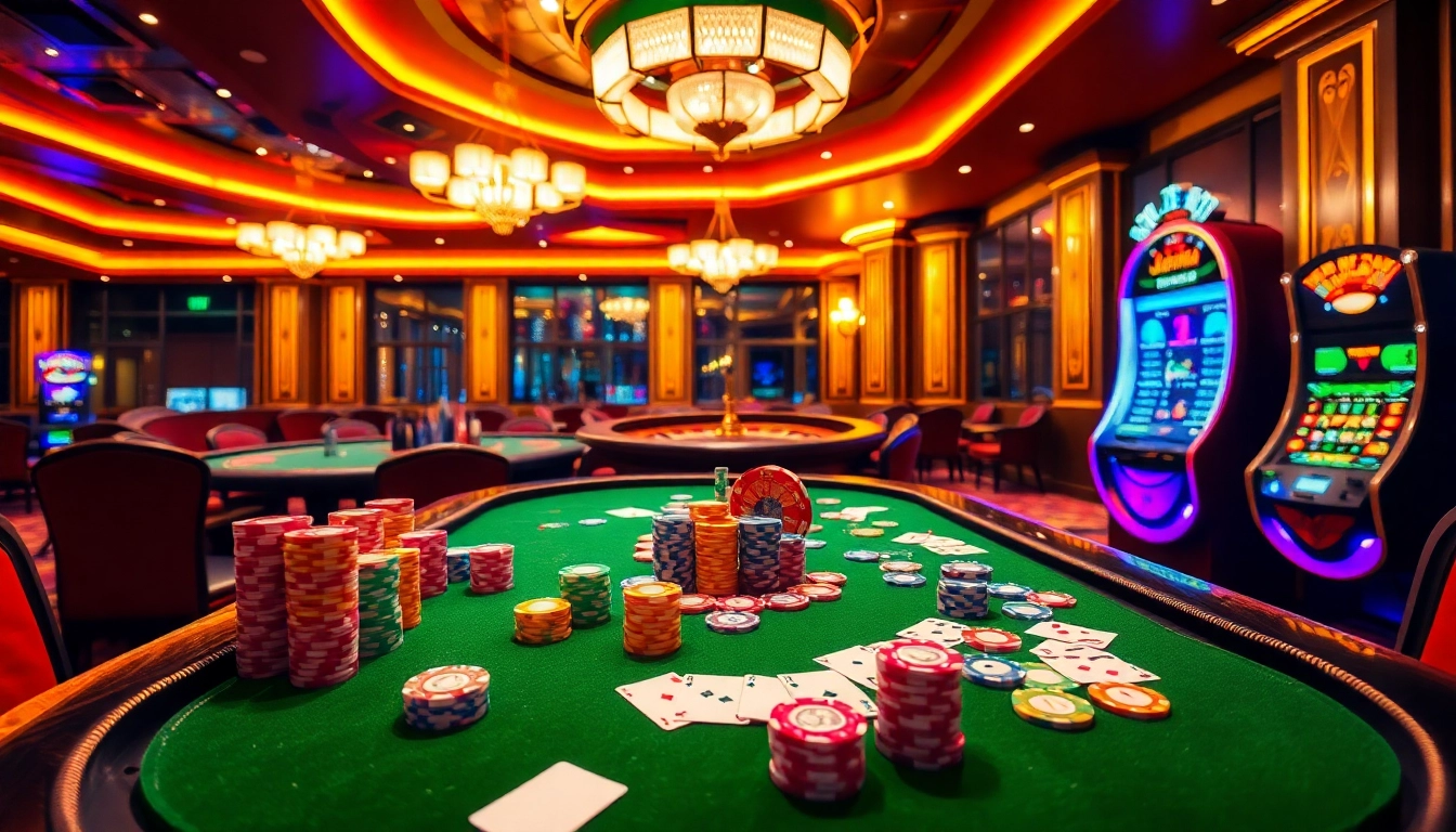 Experience thrilling gaming action with Onicplay's vibrant casino ambiance featuring colorful chips and cards.