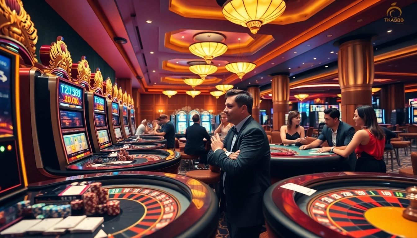 Experience thrilling gaming action at TK88 Casino with roulette wheels and poker tables.