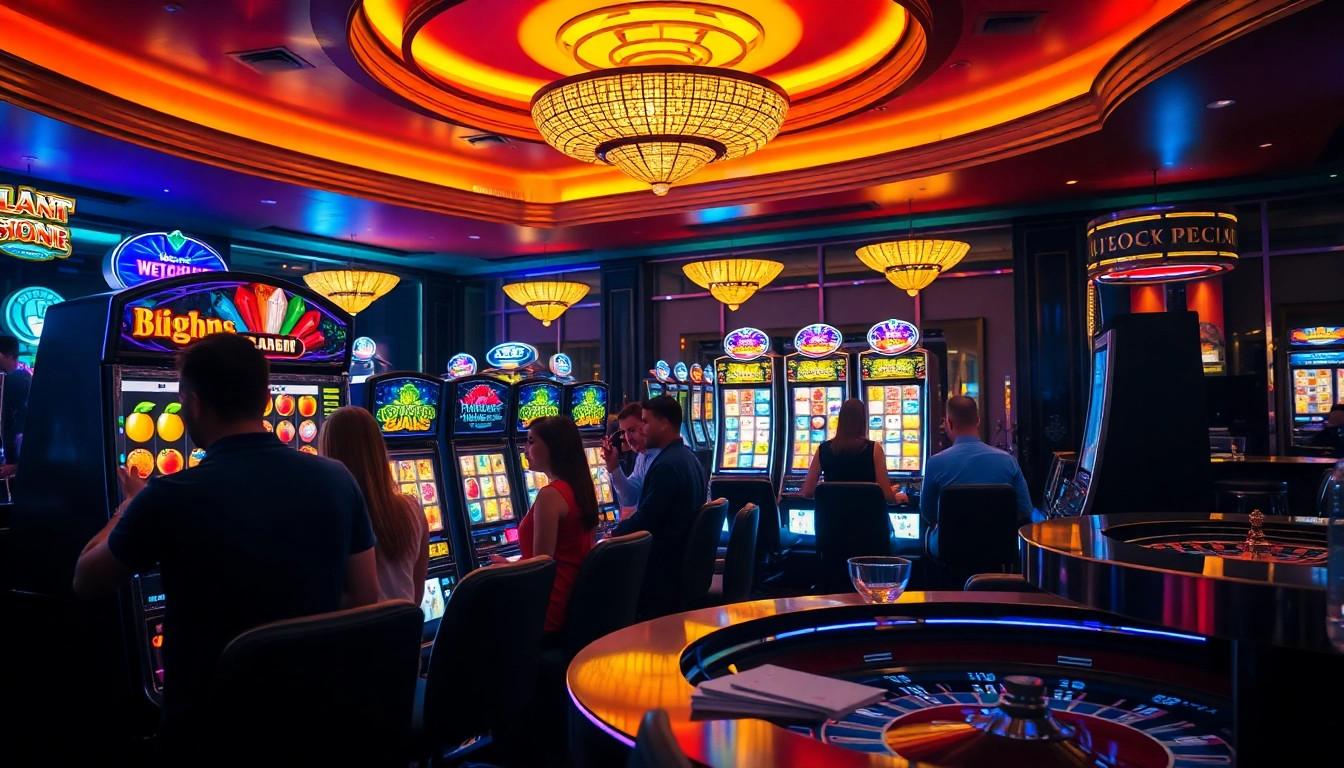 Players enjoying vibrant slot machines in a luxurious casino atmosphere, showcasing excitement and thrill.