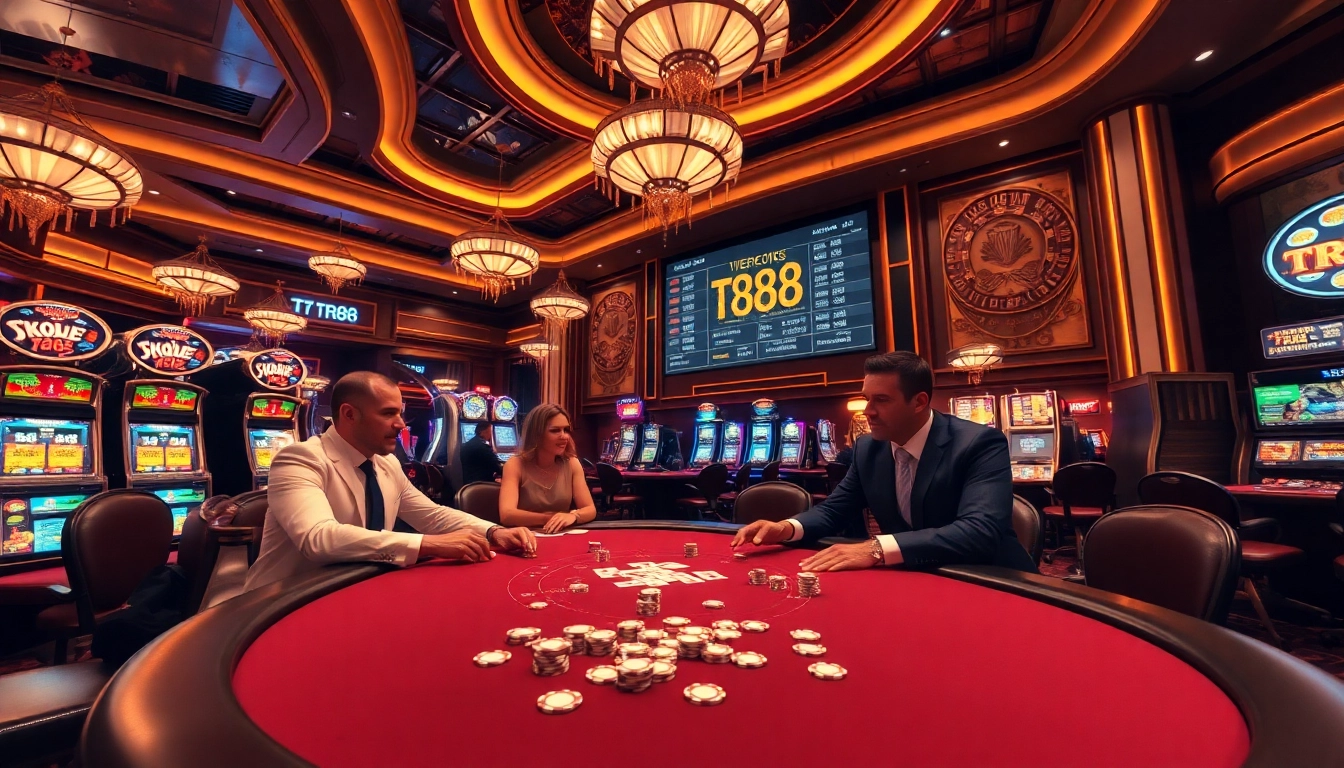 Gamblers strategizing at a TR88-themed casino table filled with poker chips and cards.