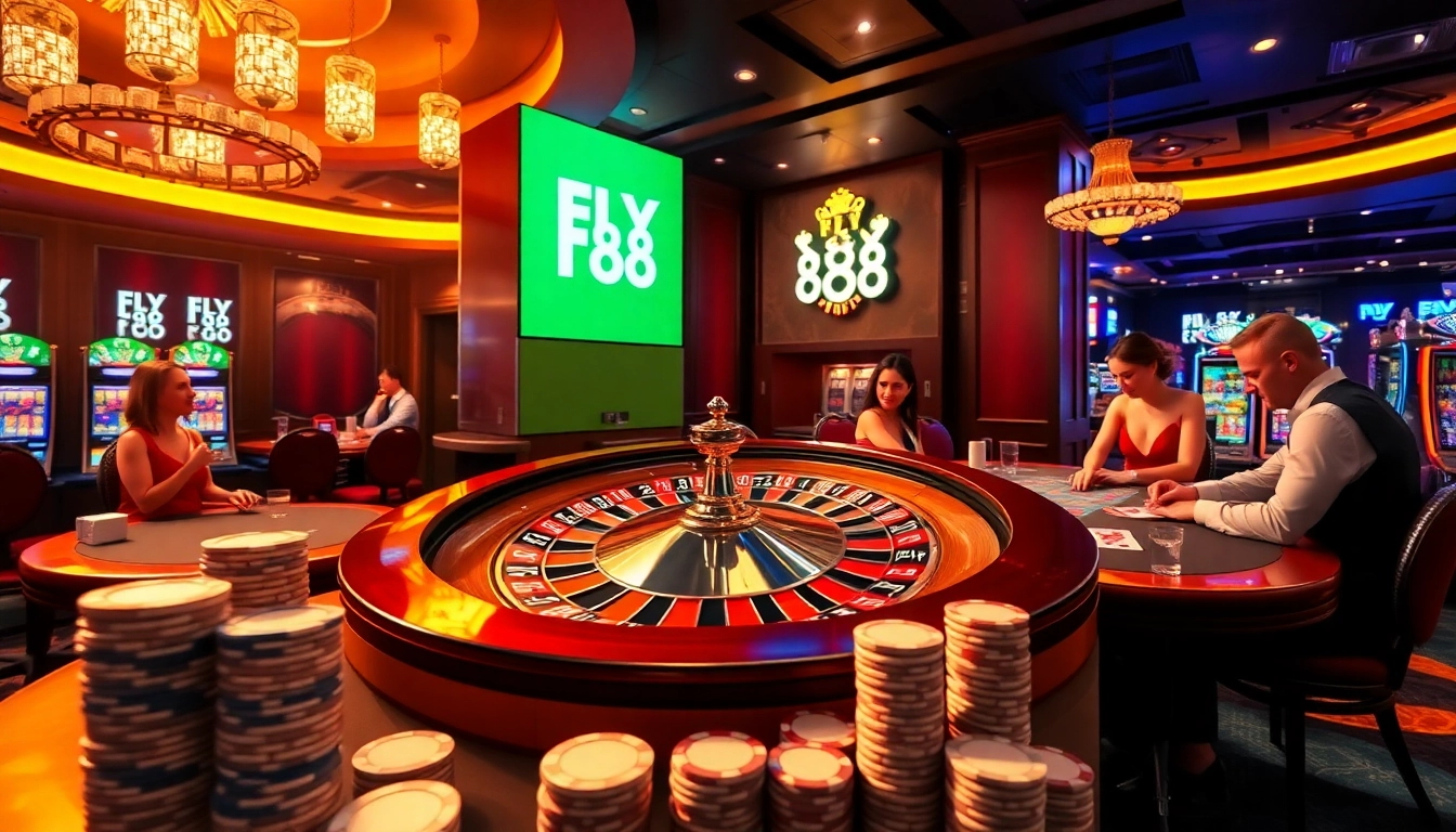 Experience thrilling gameplay with FLY 88 at a luxurious casino, featuring roulette and poker.