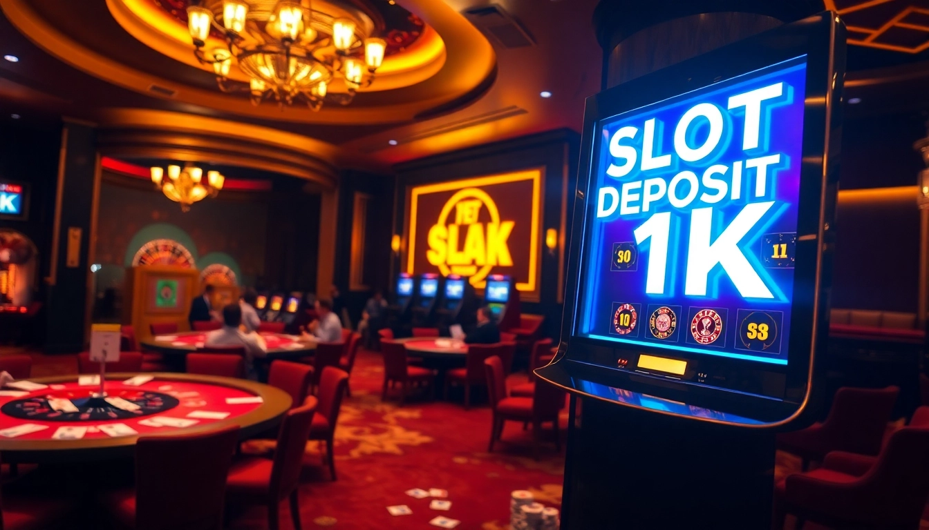 Experience excitement with a vibrant slot machine and poker table showcasing slot deposit 1k.