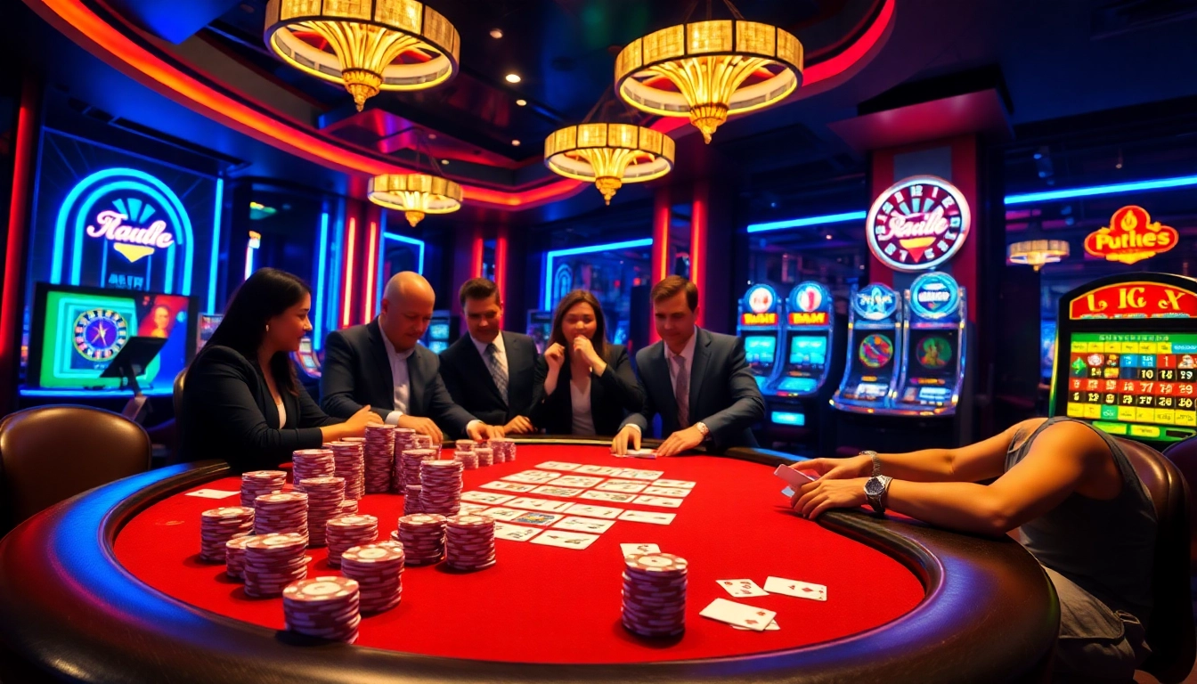 Players enjoying an exciting game at luck8 casino poker table with colorful chips and cards.