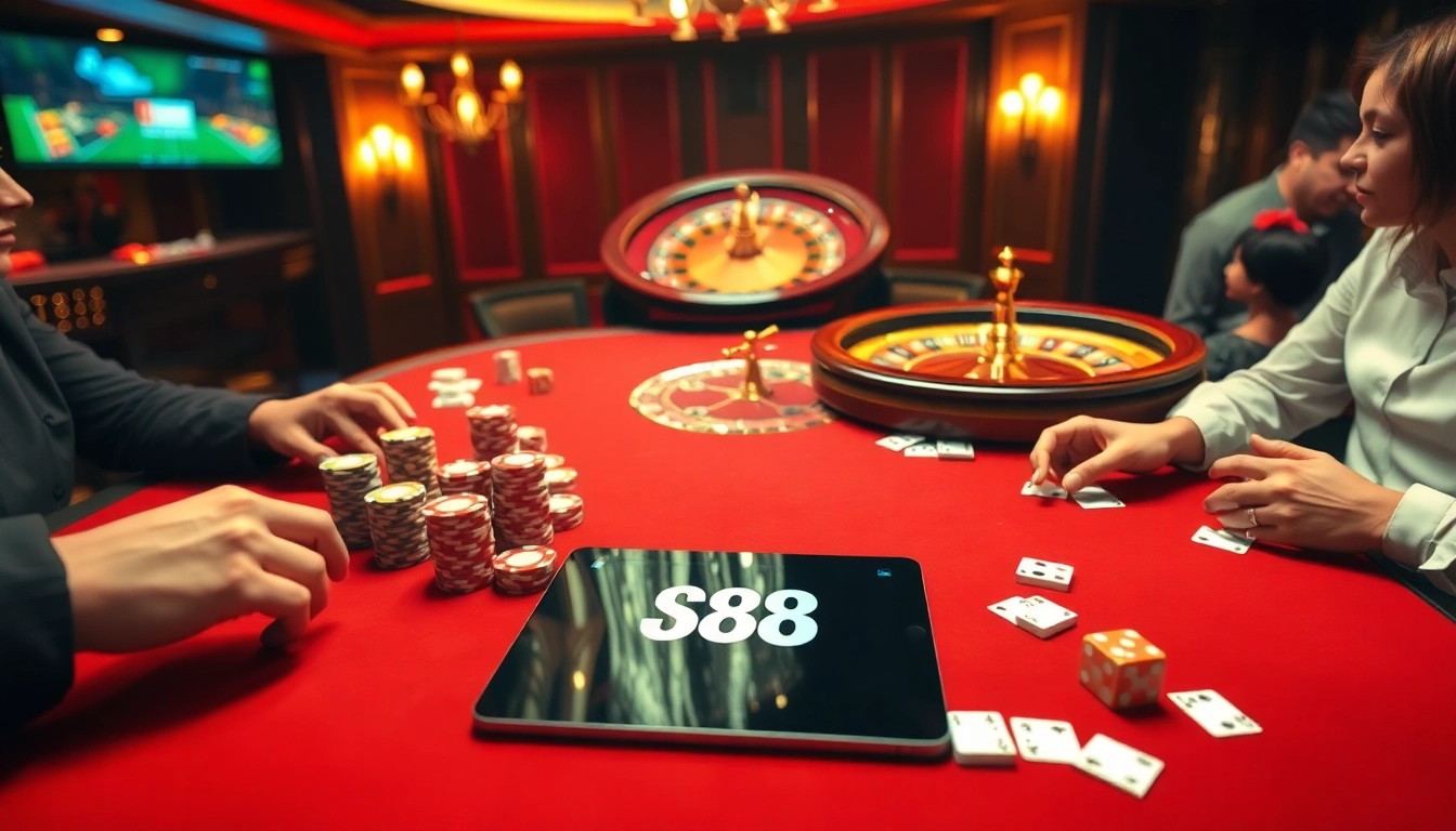 Engage in thrilling casino action with s88 poker tables, vibrant chips, and exciting gaming atmosphere.