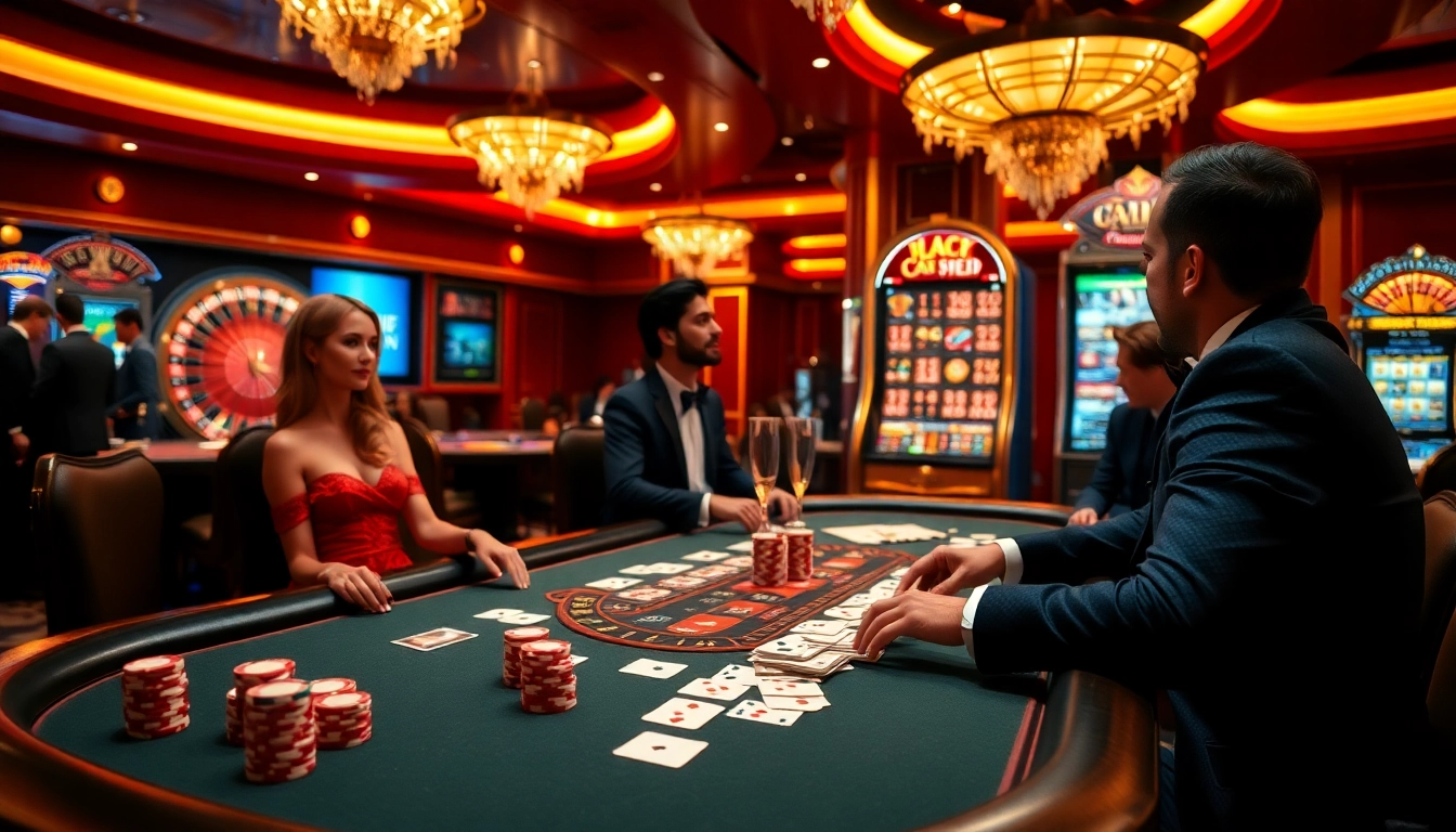 A thrilling scene of casino gaming with players engaged in game vmax at a poker table, complete with cards and chips.