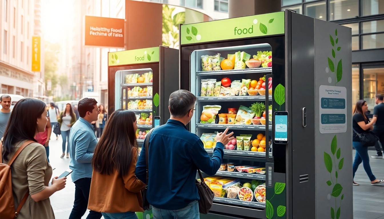 Healthy food vending machine featuring nutritious snacks in a vibrant urban setting