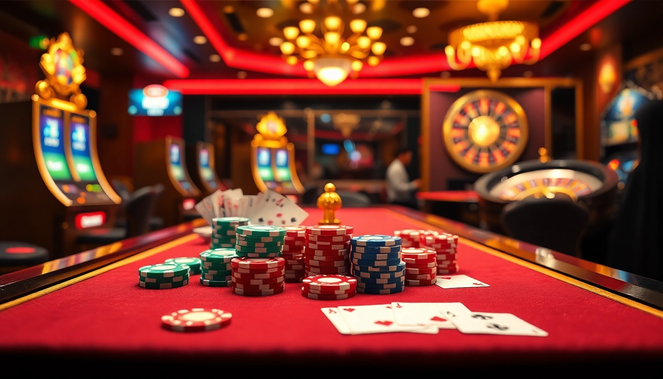 Engaging gambling scene at NHÀ CÁI LC88 featuring poker chips, cards, and slot machines.