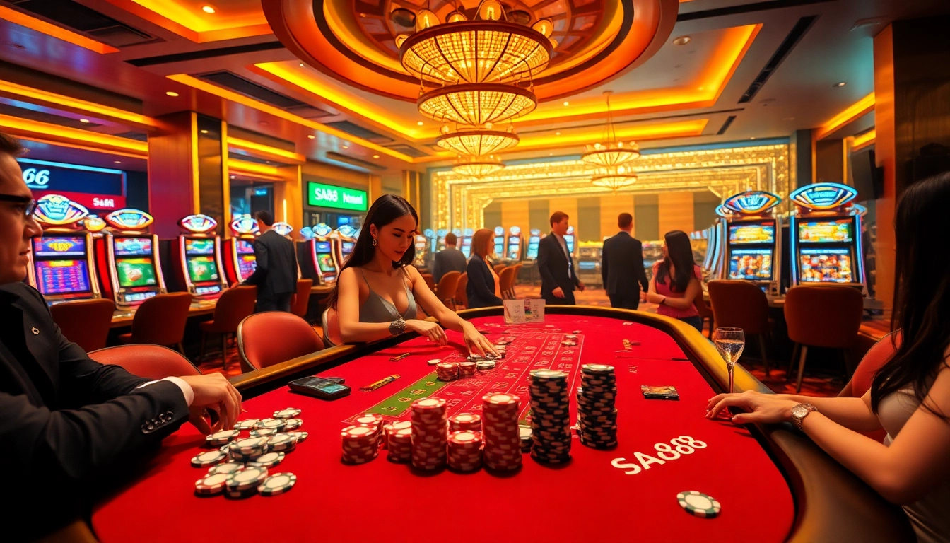 Experience the excitement of sa88 at a luxurious casino with vibrant gaming tables and joyful players.