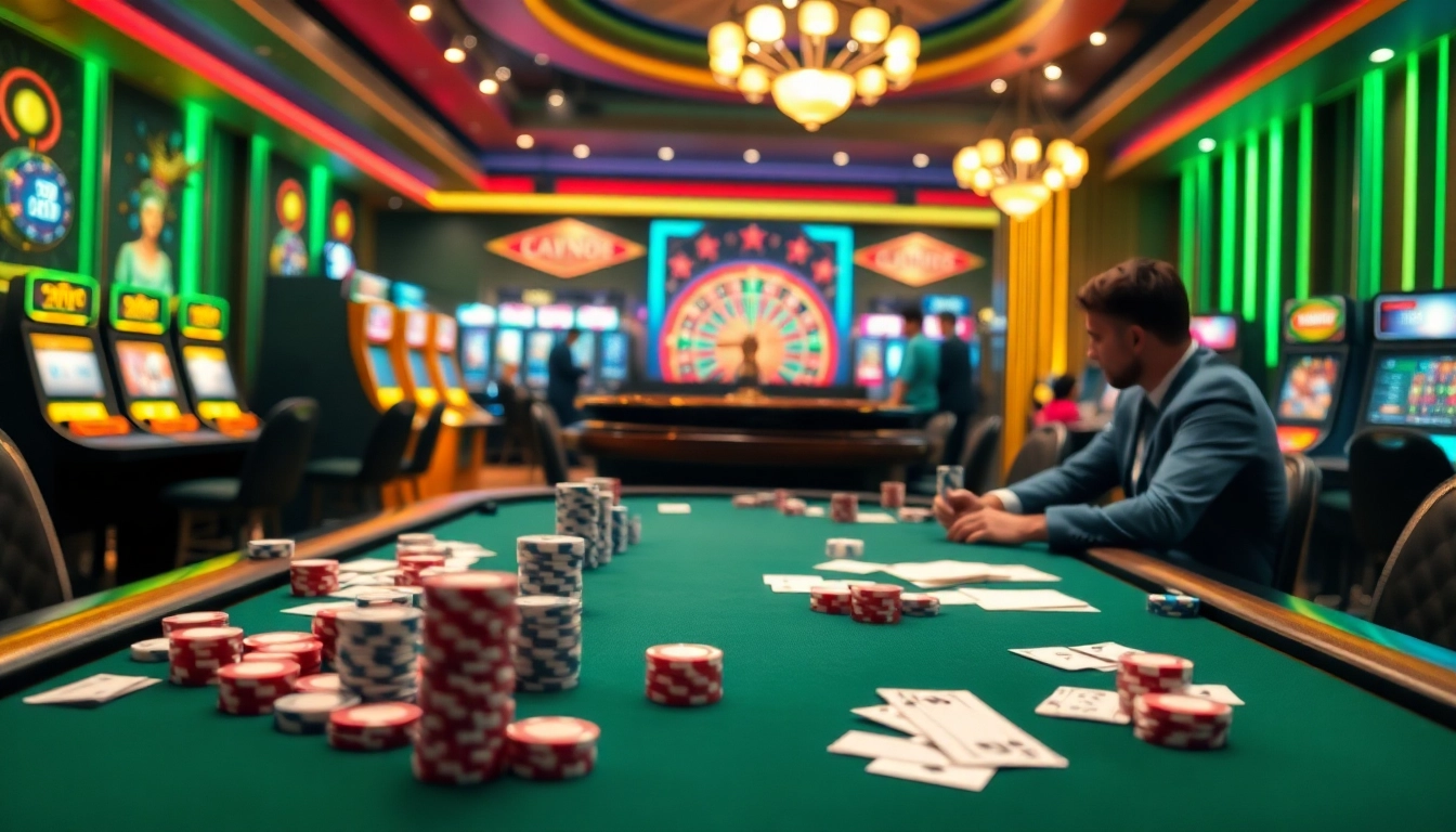 Experience the thrill of link fly88 poker with players in action and stacks of chips on a vibrant casino table.