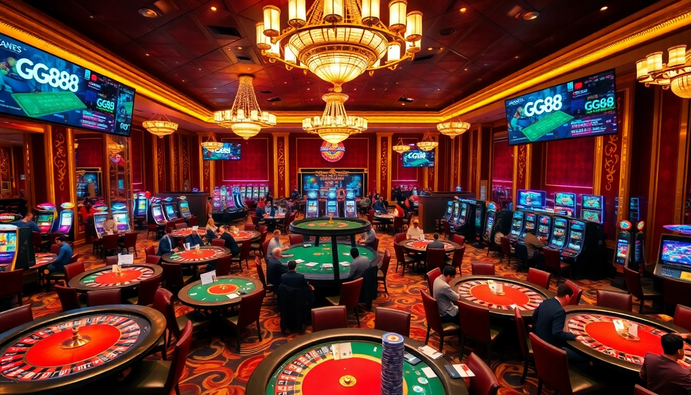Players enjoying thrilling games at GG88's luxurious casino with vibrant slot machines and roulette tables