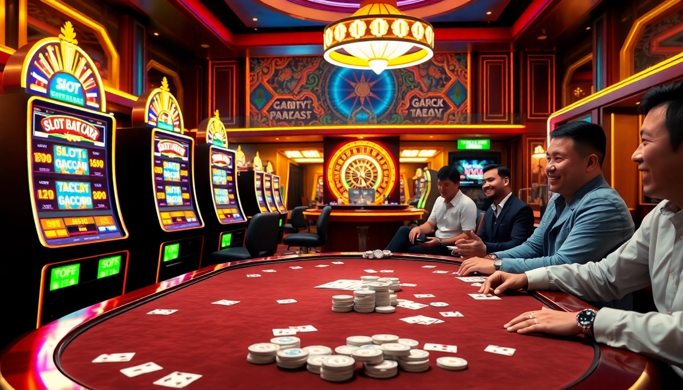 Winning players enjoying slot gacor terpercaya with vibrant machines in a luxurious casino.