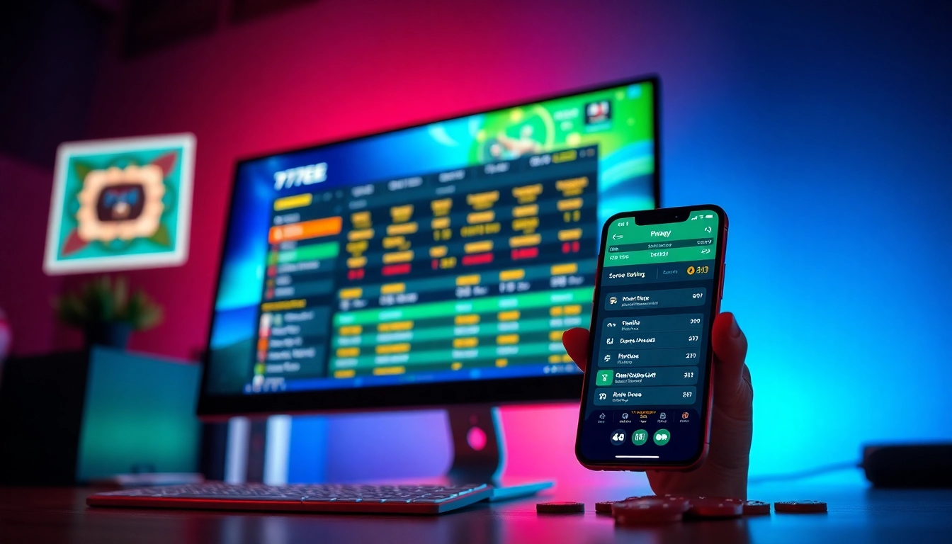 77EE's modern online betting platform interface displayed on computer and mobile screens, showcasing user-friendly design.