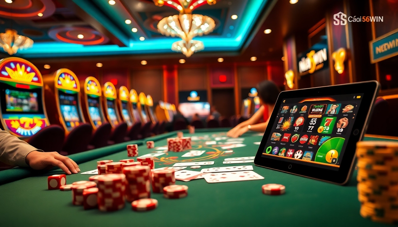 Exciting gambling scene showcasing Nhà Cái 56WIN with vibrant casino tables and players.